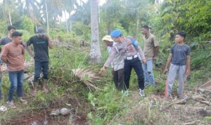 Polisi evakuasi kerangka manusia di lahan kebun kelapa temuan dari seorang warga di Desa Geulanggang Meurak, Kec. Peureulak Timur, Aceh Timur