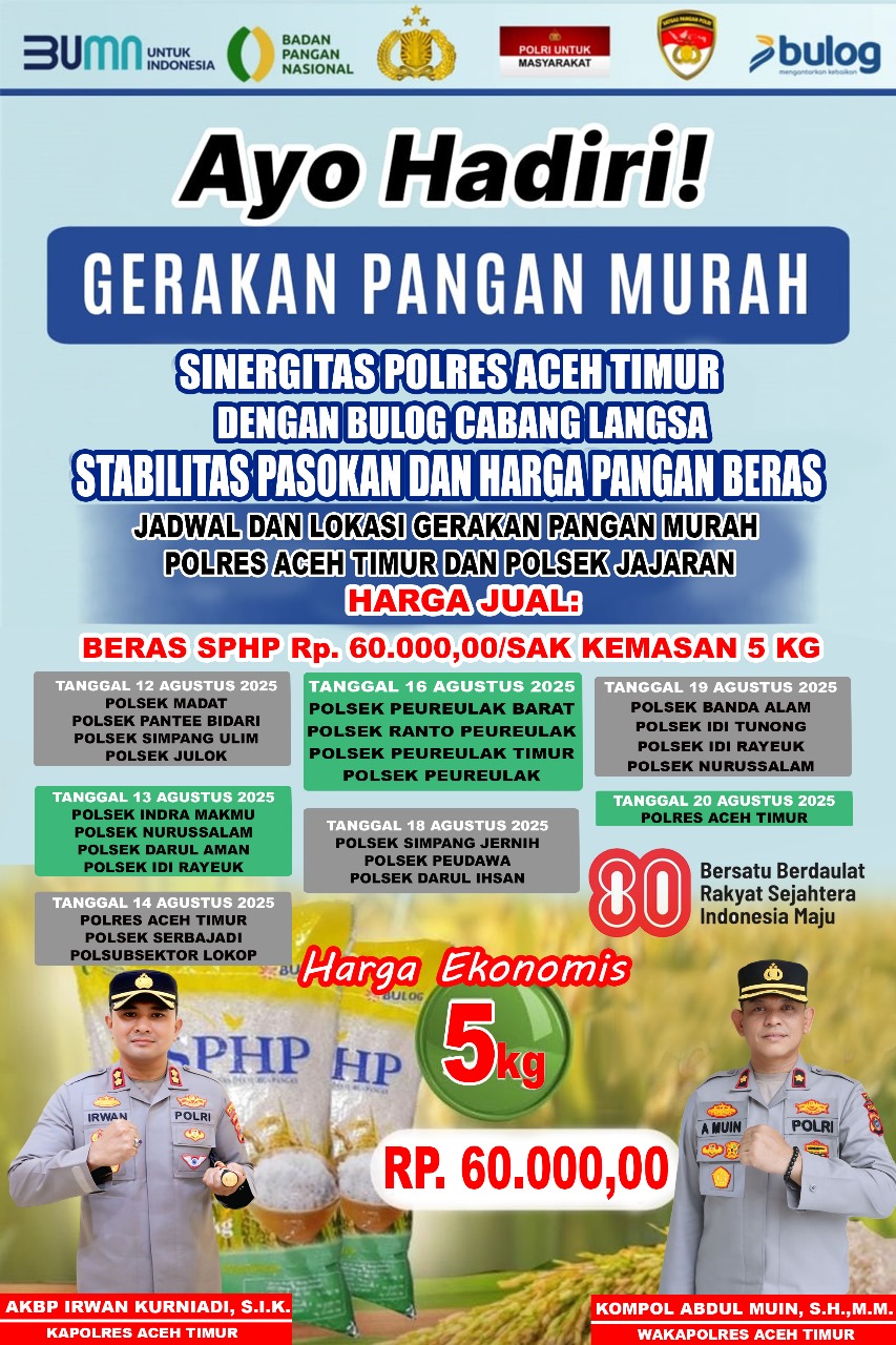 Polres Aceh Timur, Polda Aceh bekerja sama dengan Bulog Cabang Langsa menggelar Gerakan Pangan Murah di 21 Kecamatan